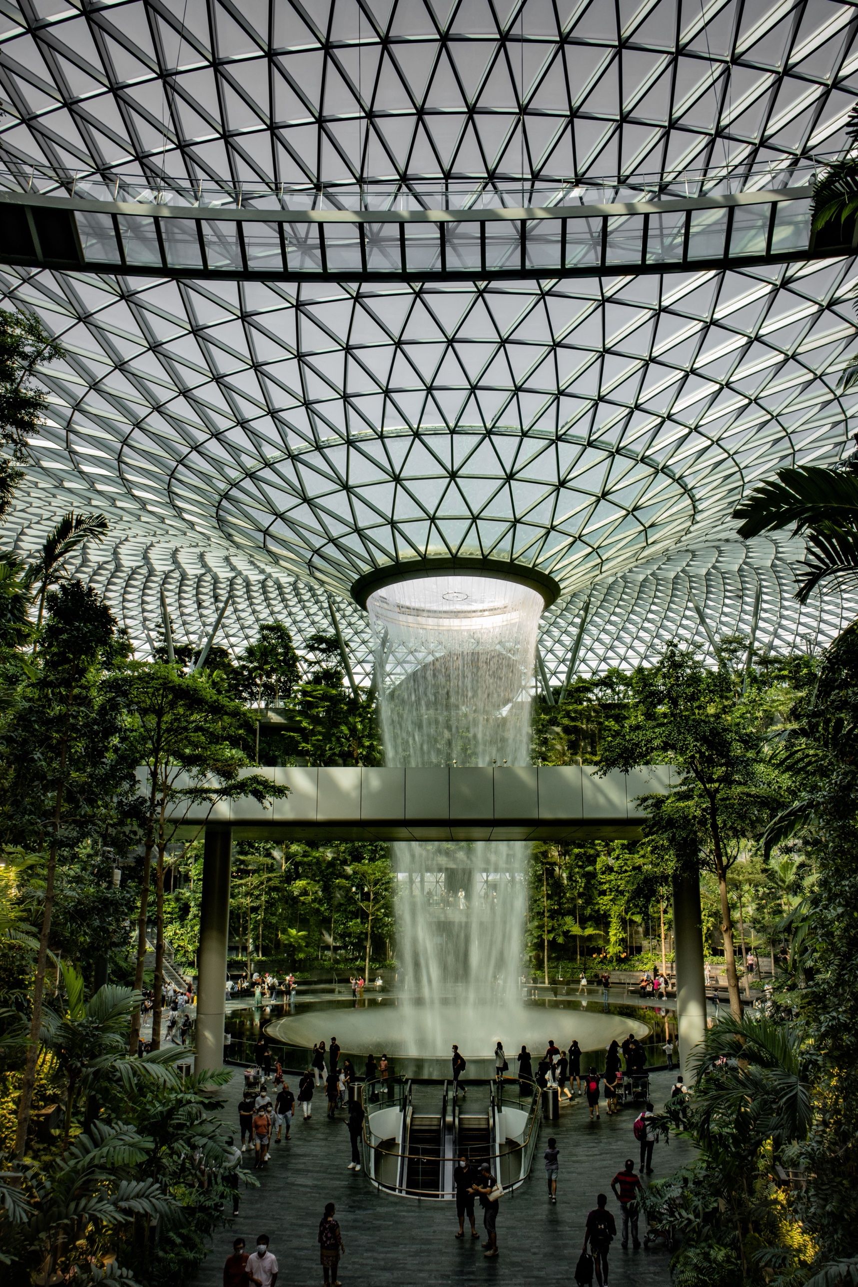 The Rain Vortex falling through the glass dome of Jewel Changi
