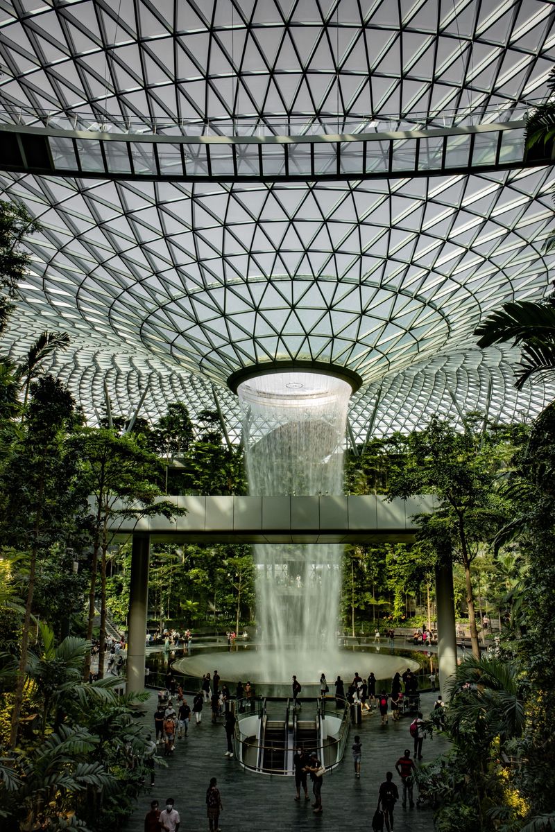 The Rain Vortex falling through the glass dome of Jewel Changi into a pool surrounded by trees