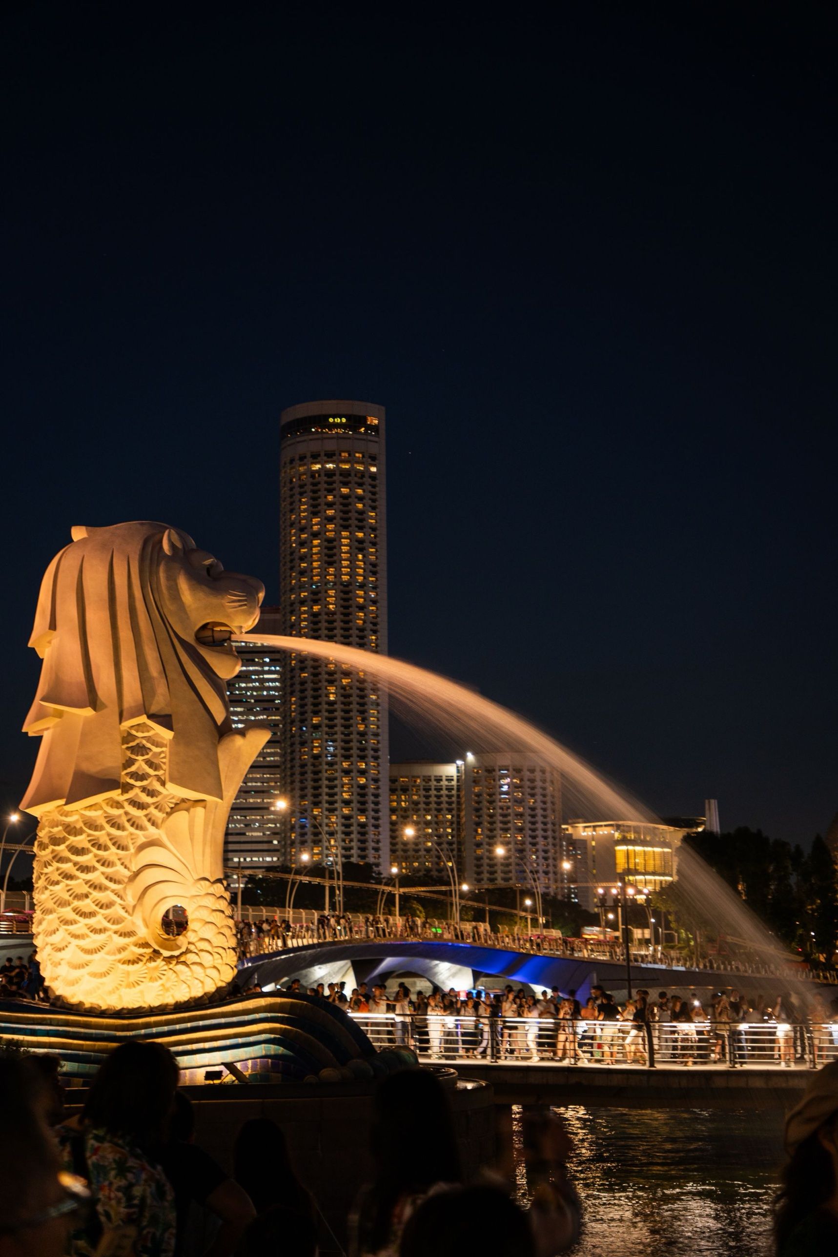 The Merlion statue spouting water into Marina Bay at night, lit gold against the city