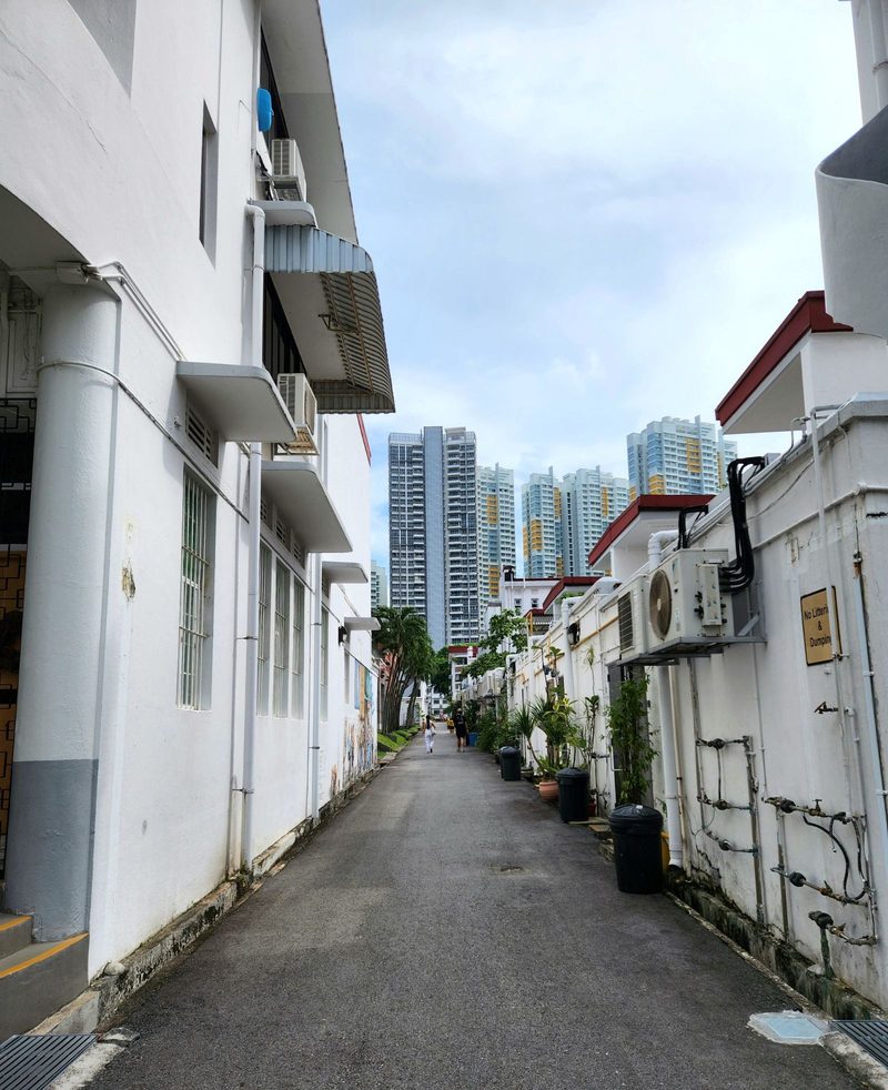 A narrow alleyway in Tiong Bahru with skyscrapers in the distance.