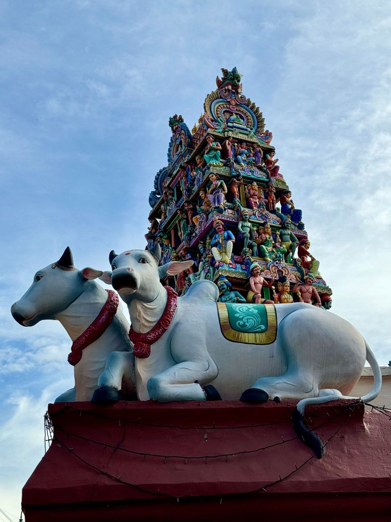 Colorful tower of Sri Mariamman Temple with sacred cow sculptures against a blue sky.