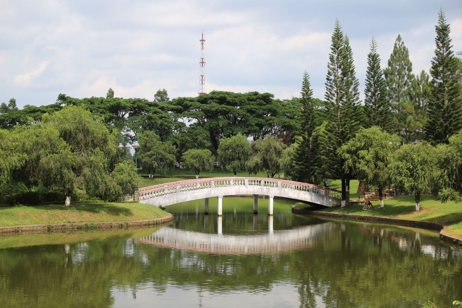 Scenic view of a footbridge over a tranquil lake surrounded by lush greenery in Singapore's Bishan-Ang Mo Kio Park.