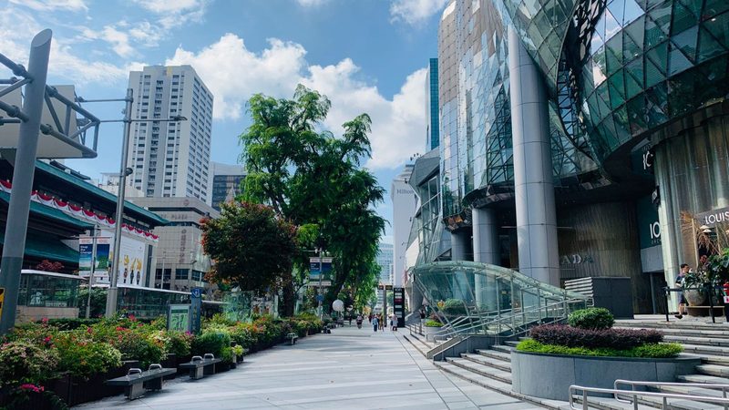 A vibrant street in Singapore featuring modern skyscrapers, lush greenery, and clear blue skies.