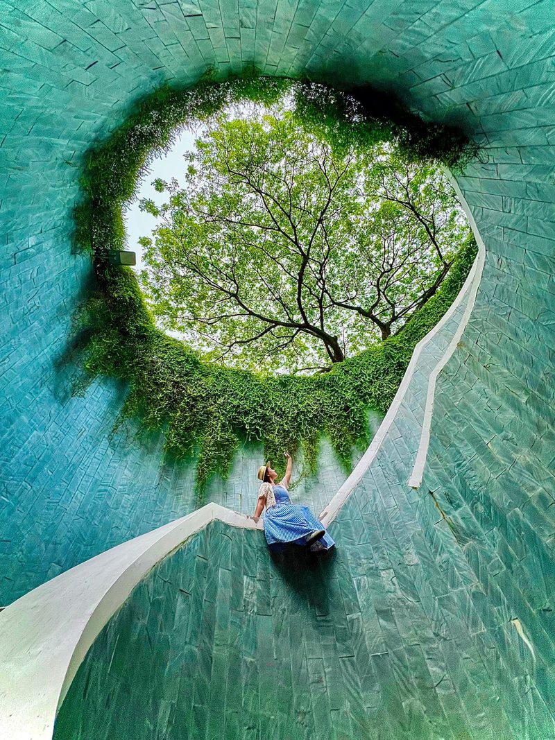Woman sits on a spiral staircase in a turquoise tunnel with green foliage, looking upwards to a tree canopy.