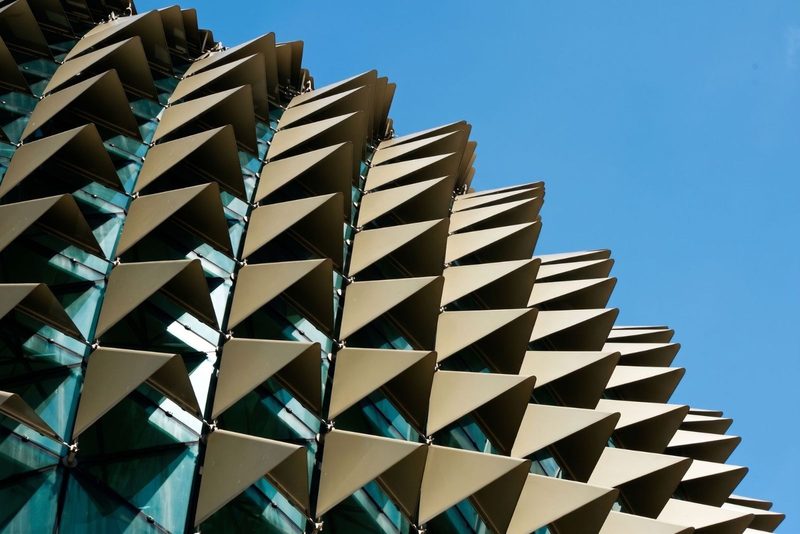 Detailed view of the distinctive architectural design of Esplanade Theatres in Singapore, showcasing its unique spiked facade.