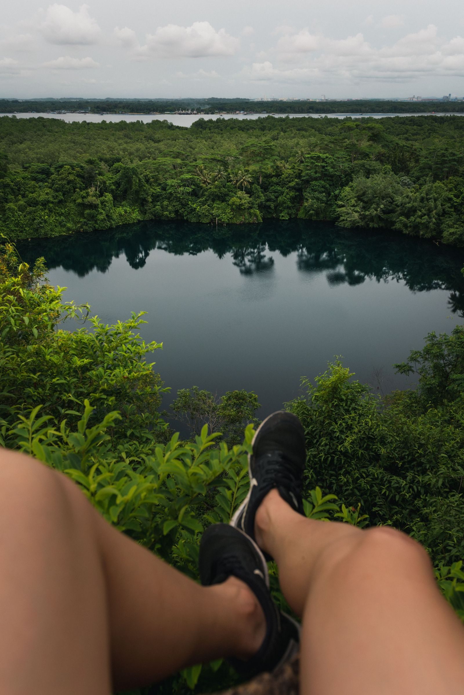 Enjoying a stunning view from Puaka Hill over lush green forest and a tranquil lake in Singapore.