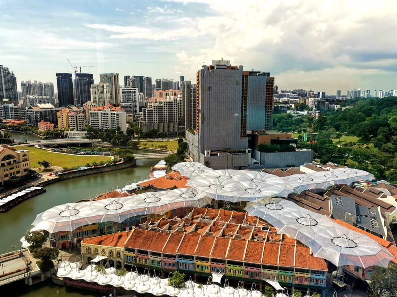An aerial view showcasing Singapore's vibrant urban skyline and iconic architecture.