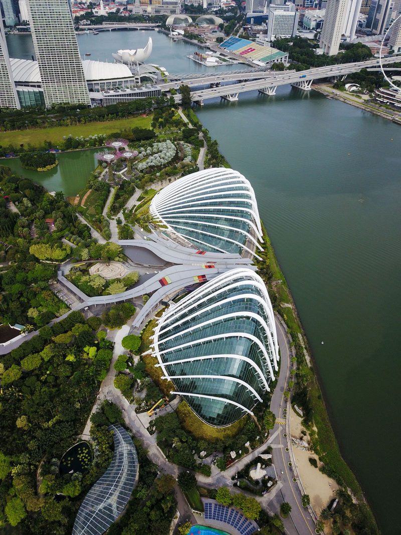 A striking aerial view of the iconic Gardens by the Bay, showcasing Singapore's futuristic architecture.