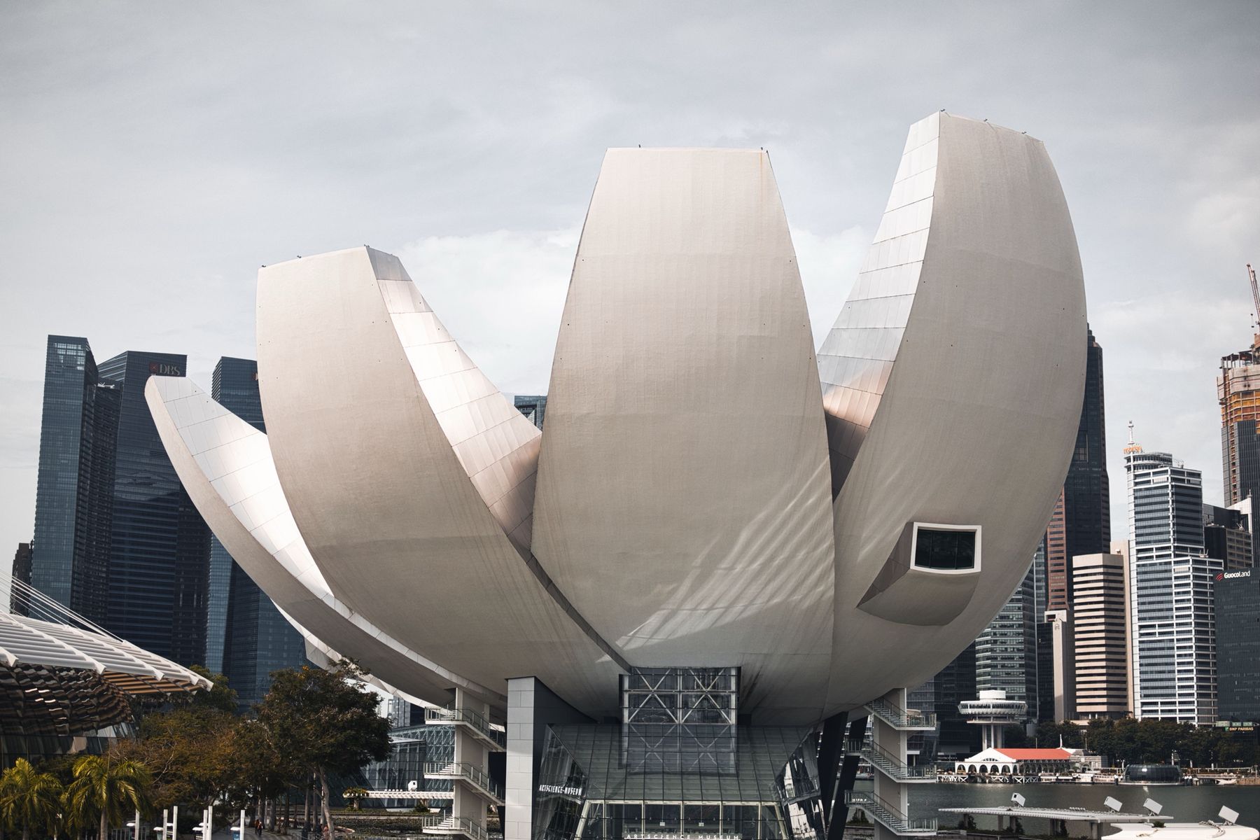 The lotus-shaped ArtScience Museum in front of the skyline